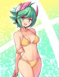  1girl ahoge arm_behind_back azure_striker_gunvolt bikini blue_eyes breasts commentary cougar_(cougar1404) cowboy_shot green_hair groin halterneck hand_on_own_arm headgear light_particles looking_at_viewer medium_breasts navel open_mouth pink_headwear roro_(gunvolt) short_hair smile solo standing swimsuit yellow_bikini 