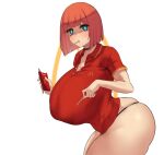  1girl aster_crowley black_panties blue_eyes blunt_bangs blush bob_cut breasts choker collared_shirt food french_fries highres huge_breasts looking_at_viewer mcdonald&#039;s mother_(yoru_mac) mouth_hold orange_hair panties red_shirt shirt short_hair short_sleeves solo thick_thighs thighs thong underwear white_background yoru_mac 