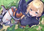  1girl absurdres aizawa_ema apex_legends between_legs blonde_hair blue_bodysuit blue_eyes blush bodysuit breasts commentary cosplay electricity ga/ddd highres jacket large_breasts looking_at_viewer mouth_hold nessie_(respawn) orange_jacket revision ribbed_bodysuit sexually_suggestive solo virtual_youtuber vspo! wattson_(apex_legends) wattson_(apex_legends)_(cosplay) white_bodysuit 