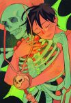  1boy black_hair closed_eyes closed_mouth death english_commentary hat highres hug hug_from_behind jewelry male_focus monkey_d._luffy one_piece portgas_d._ace riicolato sad scar scar_on_face short_hair skeleton sketch spoilers tearing_up 