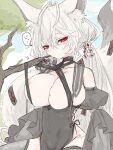  1girl an_fyhx animal_ears antenna_hair areola_slip black_dress black_thighhighs branch breasts cleavage copyright_request dress fox_ears fox_girl fox_tail grey_hair groin hair_between_eyes hair_ornament highres long_hair looking_at_viewer low_twintails mole mole_on_breast nipple_slip nipples red_eyes sitting sketch solo tail tail_ornament thighhighs tree twintails 