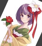  1girl aqpaca closed_mouth commentary_request floral_print flower hair_flower hair_ornament hieda_no_akyuu highres holding holding_flower long_sleeves looking_at_viewer purple_eyes purple_hair red_flower short_hair smile solo touhou upper_body white_background white_flower wide_sleeves 