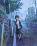  1girl black_footwear black_jacket brown_eyes brown_hair building city cloud cloudy_sky feel_(nasitaki) hair_ornament hairclip highres holding holding_umbrella jacket kneehighs looking_at_viewer open_clothes open_jacket original plaid plaid_skirt pleated_skirt power_lines railing rain road scenery school_uniform short_hair skirt sky socks solo street sweater_vest transparent transparent_umbrella umbrella utility_pole walking 