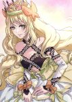  1girl bare_shoulders blonde_hair butterfly_hair_ornament celine_(fire_emblem) closed_mouth crown detached_sleeves dress fire_emblem fire_emblem_engage flat_chest flower green_eyes hair_flower hair_ornament highres long_hair looking_at_viewer smile solo twitter_username umi_(_oneinchswing) upper_body very_long_hair 
