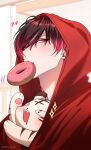  +_+ 1boy :d artist_name black_hair blurry blurry_background blush commentary doughnut drooling english_commentary fangs food food_in_mouth gradient_hair hair_between_eyes highres hood hood_up hoodie indoors looking_at_viewer male_focus mouth_drool mouth_hold multicolored_hair nijisanji nijisanji_en open_mouth red_eyes red_hair red_hoodie short_hair sidelocks smile solo sparkle streaked_hair swept_bangs tiger tsurime twitter_username upper_body ver_vermillion villion_(ver_vermillion) virtual_youtuber white_tiger yoy_(0yyoyy0) 