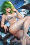  1girl ass black_skirt bra breasts cloud cloudy_sky collarbone curly_hair feet green_eyes green_hair high-low_skirt knee_up legs medium_hair neoartcore one-punch_man paid_reward_available panties skirt sky small_breasts solo tatsumaki thighhighs underwear white_bra white_panties white_thighhighs wind wind_lift 