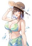  1girl @_@ bikini blue_eyes blush breasts brown_hair cowboy_shot green_bikini hair_between_eyes hat hawawa-chan_(shiro_kuma_shake) highres large_breasts looking_at_viewer open_mouth original sarong shiro_kuma_shake smile solo straw_hat sun_hat swimsuit water_drop 