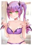  1girl :p absurdres black_nails blush bra breasts cleavage collarbone ear_piercing fake_horns green_eyes hair_ornament hairclip heart heart-shaped_pupils highres hololive horned_headwear horns kameka590892 long_hair looking_at_viewer medium_breasts navel panties piercing purple_bra purple_hair purple_panties solo strap_pull sweat symbol-shaped_pupils tokoyami_towa tongue tongue_out twintails underwear underwear_only virtual_youtuber 