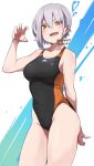  1girl black_one-piece_swimsuit breasts commentary_request competition_swimsuit covered_navel cowboy_shot curled_fingers dated grey_hair highres large_breasts nishisaki_fuyuka one-piece_swimsuit orange_eyes original short_hair showhey!! solo swimsuit twitter_username two-tone_swimsuit 