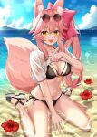  1girl :d alternate_costume animal_ears beach bikini bikini_under_clothes black_footwear blue_sky blush bow breasts clothes_lift cloud cloudy_sky collarbone day eyelashes eyewear_on_head fangs fate/grand_order fate_(series) feet flower fox_ears fox_girl fox_tail full_body hair_between_eyes hair_bow highres koyanskaya_(fate) large_breasts legs long_hair looking_at_viewer navel ocean open_mouth outdoors partially_submerged pink-tinted_eyewear pink_hair sandals shadow shiny_skin shirt_lift short_sleeves side-tie_bikini_bottom side_ponytail sidelocks sitting sky smile solo stomach sunglasses swimsuit tail tamamo_(fate) thighs tila_276 tinted_eyewear toes very_long_hair wariza wet white_footwear yellow_eyes 