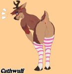  anthro antlers anus balls big_butt butt cathwulf cervine clothing deer footwear genitals hooves horn legwear male mammal nude presenting presenting_hindquarters simple_background socks solo stockings tail 