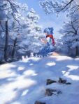  1girl barefoot blue_bow blue_dress blue_eyes blue_hair bow cirno cirno_day dress hair_bow highres ice ice_wings kneeling red_scarf satellitedragon scarf short_hair snow snowman solo touhou wings 