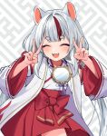  1girl ^_^ absurdres animal_ears closed_eyes dog_ears fangs grey_hair highres indie_virtual_youtuber japanese_clothes jewelry kimono medium_hair miko mirror multicolored_hair necklace open_mouth red_hair sachi_higami sakura_chiyo_(konachi000) simple_background solo tassel teeth v 