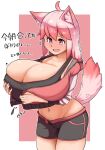  animal_humanoid big_breasts breasts canid canid_humanoid canine canine_humanoid cleavage clothed clothing dog_humanoid female hair hi_res holding_breast huge_breasts humanoid japanese_text looking_at_breasts mammal mammal_humanoid midriff navel open_mouth pink_eyes pink_hair sakanadaze solo standing tail text thick_thighs wide_hips 
