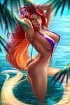  1girl ass beach bikini breasts covered_nipples dc_comics flower green_eyes hair_flower hair_ornament large_breasts looking_at_viewer olchas purple_bikini purple_lips red_hair slingshot_swimsuit starfire swimsuit tree water 