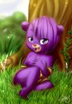  anthro barefoot bear breasts clothing disney feet female fiona_gummi_(fan_character) fur grass gummi_bears isi-daddy mammal outside plant purple_body purple_eyes purple_fur red_nose sitting small_breasts solo tree young 