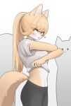 2others ? animal_ears black_pants blonde_hair clothes_lift fox_ears fox_girl fox_tail furry furry_female highres jeifier_(korfiorano01) long_hair midriff multiple_others original pants ponytail shirt shirt_lift stomach tail undressing white_shirt yellow_eyes 