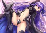  1girl animal_hood blue_ribbon closed_mouth commentary_request crotch_plate fate/grand_order fate_(series) flat_chest hair_ribbon hood leg_up long_hair looking_at_viewer meltryllis_(fate) navel penguin_hood prosthesis prosthetic_leg purple_eyes purple_hair ribbon sleeves_past_fingers sleeves_past_wrists solo sumapan 