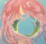  1girl acrylic_paint_(medium) blue_background close-up dissolving green_eyes highres hole_in_face long_hair original painting_(medium) pink_hair samehoshi solo star_(symbol) surreal traditional_media 