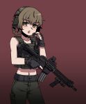  1girl :o amane_suzuha belt black_belt black_tank_top braid brown_background brown_eyes brown_hair collarbone commentary commission crop_top ear_protection english_commentary green_pants gun hair_rings hand_up holding holding_gun holding_weapon karepack midriff navel pants parted_lips simple_background solo standing steins;gate tank_top twin_braids v-shaped_eyebrows weapon weapon_request 