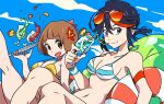  2girls bikini black_hair blue_background blue_bikini blue_eyes breasts brown_hair cherry closed_mouth cocktail collarbone drinking_straw eyewear_on_head flower food fruit hair_between_eyes hair_flower hair_ornament holding holding_plate ice ice_cube innertube kill_la_kill leg_up looking_at_viewer mankanshoku_mako matoi_ryuuko medium_breasts multicolored_hair multiple_girls navel nirak open_mouth plate reclining red_hair shiny_skin short_hair sky smile strap_gap streaked_hair striped striped_bikini sunglasses swimsuit twitter_username two-tone_hair yellow_bikini 