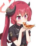  1girl absurdres aiguillette blue_archive demon_horns demon_wings eating food hair_ribbon halo highres holding holding_food holding_pizza horns junko_(blue_archive) long_hair necktie pizza pizza_slice pointy_ears purple_eyes red_eyes red_hair red_necktie ribbon shey_kr short_sleeves simple_background solo twintails upper_body white_background wings 