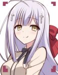  1girl :q ahoge black_ribbon blunt_bangs blush breasts cariboy chinese_commentary close-up closed_mouth commentary_request cross_hair_ornament gabriel_dropout grey_hair hair_ornament hair_ribbon large_breasts long_hair looking_at_viewer raphiel_shiraha_ainsworth red_ribbon ribbon sidelocks simple_background smile solo tongue tongue_out viewfinder white_background yellow_eyes 