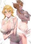  1girl absurdres afterimage ahoge artoria_pendragon_(fate) artoria_pendragon_(lancer)_(fate) ass biting blonde_hair braid breasts character_request cleavage collarbone cross cross_necklace dimples_of_venus disembodied_limb fate/grand_order fate_(series) green_eyes highres holding jewelry large_breasts lip_biting motion_blur multiple_views navel necklace one-piece_swimsuit rororo see-through_swimsuit side-tie_swimsuit sidelocks simple_background spanked surprised swimsuit white_background white_one-piece_swimsuit wide-eyed 
