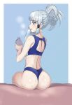  1girl ass back blue_background blush border bottle breath genshin_impact grey_eyes holding holding_bottle jeaike_art kamisato_ayaka looking_to_the_side parted_lips ponytail shiny_skin sidelocks sitting sports_bra sportswear sweat white_border white_hair wiping_face wiping_sweat 