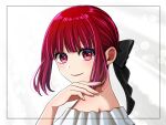  1girl alternate_hairstyle annu7 arima_kana bare_shoulders black_bow bow closed_mouth commentary_request dress hair_bow highres off-shoulder_dress off_shoulder oshi_no_ko red_eyes red_hair short_hair sidelocks solo white_dress 