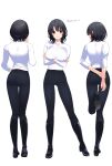  1girl :d alternate_costume arms_behind_back artist_name ass ass_visible_through_thighs black_footwear black_hair black_pants boots breasts commission crossed_arms full_body kantai_collection knee_boots koruri large_breasts long_sleeves looking_at_viewer multiple_views pants parted_lips red_eyes short_hair simple_background skeb_commission smile standing standing_on_one_leg sweater takao_(kancolle) thigh_gap tight_clothes tight_pants twitter_username white_background white_sweater 