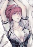  1girl arm_tattoo breasts chest_tattoo fork gloves grel_(r6hgvu5) kitchen_knife looking_at_viewer maid maid_headdress nel_zelpher purple_eyes red_hair short_hair socks solo spoon star_ocean star_ocean_anamnesis star_ocean_till_the_end_of_time tattoo weapon 
