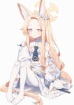  1girl absurdly_long_hair animal_ear_fluff animal_ears bird blonde_hair blue_archive blush bow breasts closed_mouth commentary_request detached_sleeves dress forehead fox_ears fox_girl frilled_dress frills hair_bow halo highres knees_up long_hair low-tied_long_hair no_shoes orange_bow pantyhose seia_(blue_archive) sidelocks sitting sleeves_past_fingers sleeves_past_wrists small_breasts solo very_long_hair wagashi928 white_background white_bow white_dress white_pantyhose white_sleeves yellow_eyes yellow_halo 
