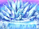  animal_focus blue_eyes blue_hair blue_theme closed_mouth commentary_request from_side full_body glaceon ice long_hair looking_back no_humans pokemon pokemon_(creature) profile ryuma210 sidelocks sitting solo twintails water 