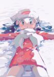  1girl :o black_hair blue_eyes dawn_(pokemon) eyelashes hair_ornament hat highres hinann_bot jacket light_blush long_hair long_sleeves open_mouth outstretched_arms pokemon pokemon_dppt scarf simple_background snow solo solo_focus white_scarf 