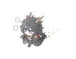  1boy :&lt; =3 animal_ears arknights black_bow black_bowtie black_hair bow bowtie chibi ebenholz_(arknights) epaulettes full_body goat_boy goat_ears goat_horns hair_between_eyes horns long_hair male_focus purple_eyes simple_background solo uncleko5 walking white_background 