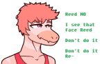  anthro dinosaur dromaeosaurid english_text goodbye_volcano_high hair headshot_portrait male multicolored_body pink_body pink_hair portrait purple_eyes reed_(gvh) reptile scalie simple_background snoot_game_(fan_game) sogflesh solo text theropod two_tone_body velociraptor white_background 