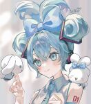  1girl absurdres aqua_eyes aqua_hair aqua_necktie bare_shoulders blue_bow blush bow cinnamiku cinnamoroll closed_mouth collared_shirt commentary_request cosplay creature crossed_bangs folded_twintails grey_shirt hair_between_eyes hair_bow hair_ornament hand_up hatsune_miku hatsune_miku_(cosplay) headphones highres huge_bow long_hair looking_at_another necktie number_tattoo sanrio shirt shoulder_tattoo signature sleeveless sleeveless_shirt smile tattoo tetra_mmm upper_body vocaloid 