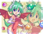 1girl blue_eyes china_dress chinese_clothes draco_centauros dragon_girl dragon_horns dragon_tail dress fang gloves green_hair hair_between_eyes horns kitsune_choukan no_panties open_mouth pointy_ears puyo_(puyopuyo) puyopuyo red_wings short_hair side_slit solo tail thighhighs white_gloves white_horns white_thighhighs wings zoom_layer 