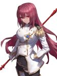  1girl absurdres aiguillette alternate_costume black_skirt black_thighhighs boots breasts brooch buttons commentary_request epaulettes fate/extella fate/extella_link fate/extra fate/grand_order fate_(series) gae_bolg_(fate) gloves gold_trim hair_between_eyes highres holding holding_polearm holding_weapon jacket jewelry lapels large_breasts long_hair long_sleeves looking_at_viewer military military_jacket military_uniform official_alternate_costume partial_commentary pleated_skirt polearm purple_hair red_eyes red_hair scathach_(fate) scathach_(makyou_sergeant)_(fate) skirt solo spear tesin_(7aehyun) thigh_boots thighhighs uniform weapon white_background white_gloves white_jacket 
