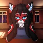  android anthro ara_(fluff-kevlar) bedroom_eyes breaking_the_fourth_wall clothed clothing cybernetics cyborg detailed_background doki_doki_literature_club! eyebrows felid feline female fur fur_markings glowing glowing_eyes head_on_hand leaning leaning_forward looking_at_viewer machine mammal markings meme narrowed_eyes robot seductive smile smiling_at_viewer solo stare unknown_artist white_eyebrows 