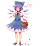  1girl 299_(horisso) basket blue_bow blue_dress blue_footwear blue_hair bow cirno collared_shirt detached_wings dress eating food fruit full_body hair_between_eyes hair_bow heart highres holding holding_basket ice ice_wings looking_at_viewer mary_janes neck_ribbon pinafore_dress puffy_short_sleeves puffy_sleeves purple_eyes red_ribbon ribbon shirt shoes short_hair short_sleeves simple_background socks solo standing strawberry touhou white_background white_shirt white_socks wings 