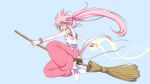  1girl arche_klein belt bracelet broom earrings elbow_gloves full_body gloves highres jewelry kaien_advance long_hair open_mouth pants pink_eyes pink_hair pink_pants ponytail simple_background solo tales_of_(series) tales_of_phantasia wide_ponytail 