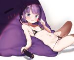  1girl bikini black_bikini blue_eyes bob_cut candy controller dongchuan flat_chest food game_controller hair_ornament holding holding_candy holding_controller holding_food holding_lollipop hololive hololive_english lollipop navel ninomae_ina&#039;nis purple_hair sitting solo swimsuit takodachi_(ninomae_ina&#039;nis) virtual_youtuber 