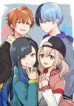  2boys 2girls aoyagi_touya azusawa_kohane baseball_cap black_hair blonde_hair blue_eyes blue_hair brown_eyes closed_mouth commentary_request dark_blue_hair fingernails gradient_hair hair_between_eyes hair_ornament hand_on_own_chin hand_up hands_up hat headphones headphones_around_neck highres hood hood_down hooded_jacket jacket light_brown_hair long_hair long_sleeves looking_at_viewer mizuyoshi mole mole_under_eye multicolored_hair multiple_boys multiple_girls open_clothes open_jacket open_mouth orange_eyes orange_hair partial_commentary project_sekai purple_hood shinonome_akito shiraishi_an short_hair short_twintails smile split-color_hair star_(symbol) star_hair_ornament streaked_hair teeth twintails two-tone_hair upper_body upper_teeth_only vivid_bad_squad_(project_sekai) 