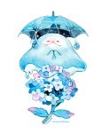  1other artist_name blue_umbrella bouquet closed_eyes english_commentary flower ghost leaf maruti_bitamin no_humans original own_hands_together painting_(medium) simple_background smile traditional_media umbrella water water_drop watercolor_(medium) white_background white_flower 