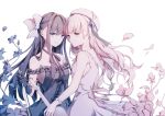  2girls arcaea bare_shoulders beret black_dress black_hair blue_eyes bow dress flower gloves hat highres hikari_(arcaea) holding holding_bow_(music) holding_instrument holding_violin instrument multiple_girls pink_eyes sleeveless sleeveless_dress smile tairitsu_(arcaea) violin white_background white_bow white_dress white_gloves white_hair yukkering_(yukke) 