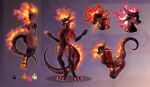  absurd_res anthro blush butt claws clothed clothing dynamite eris_morgan explosives female fire flaming_hair hi_res horn kobold open_mouth pseudo_hair reptile scalie simple_background smile solo tail teeth tongue 