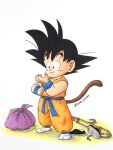  1boy a24wks adjusting_clothes bag black_eyes black_hair child commentary_request dougi dragon_ball dragon_ball_(classic) full_body highres male_child male_focus marker_(medium) monkey_tail nyoibo shoes shoes_removed signature smile socks solo son_goku tail traditional_media white_socks wristband 
