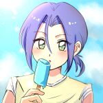  1boy blue_hair blush food green_eyes highres ice_cream james_(pokemon) male_focus pokemon pokemon_(anime) popsicle purple_hair shirt solo sparkling_eyes sufaaa0427 t-shirt 